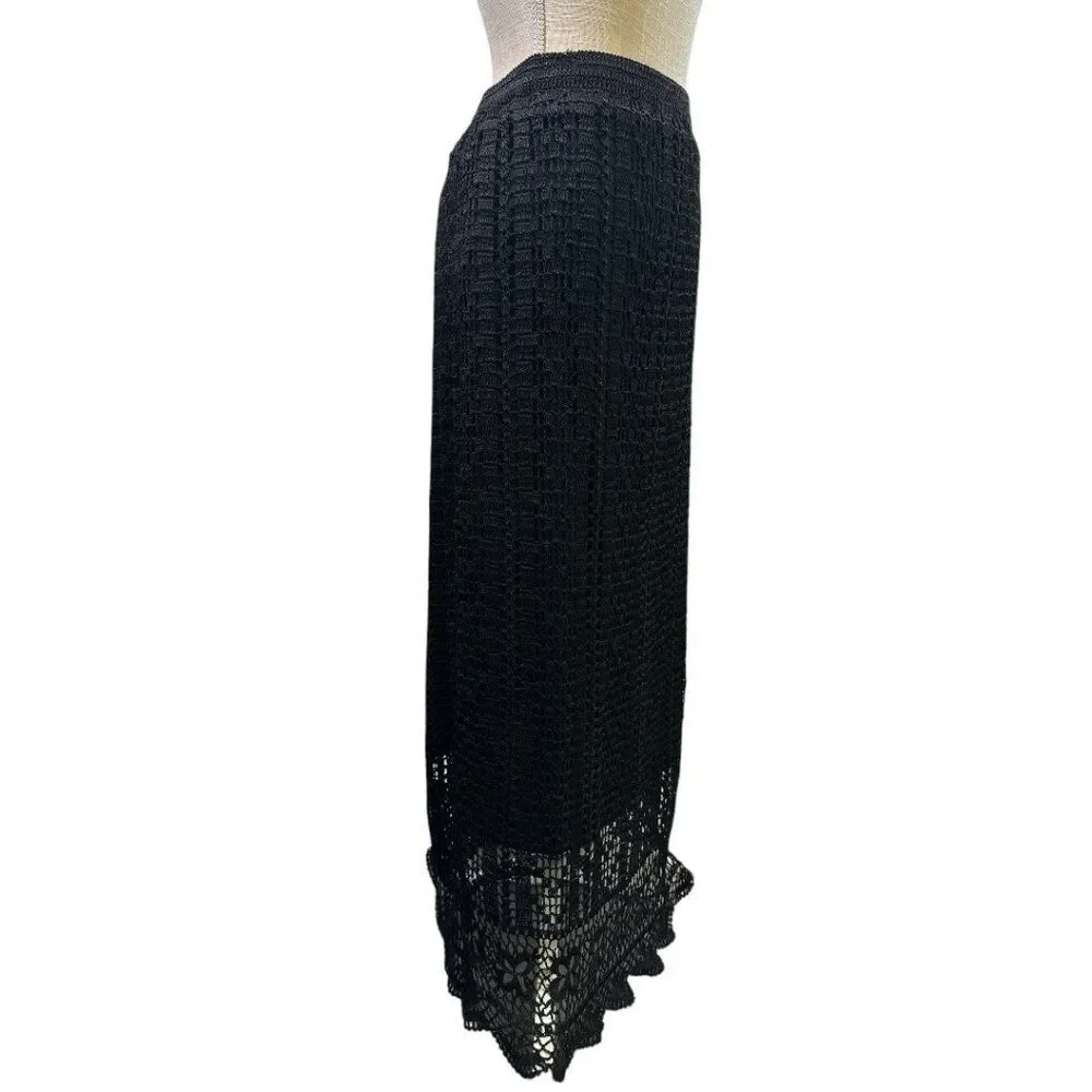 Chico’s Black Crochet Maxi Skirt Pull On Boho Lace Knit Long Skirt Sz 3